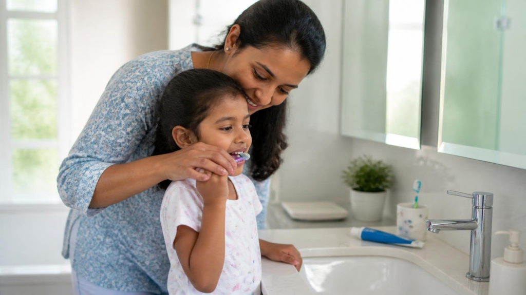 Parent helping a child brush their teeth
