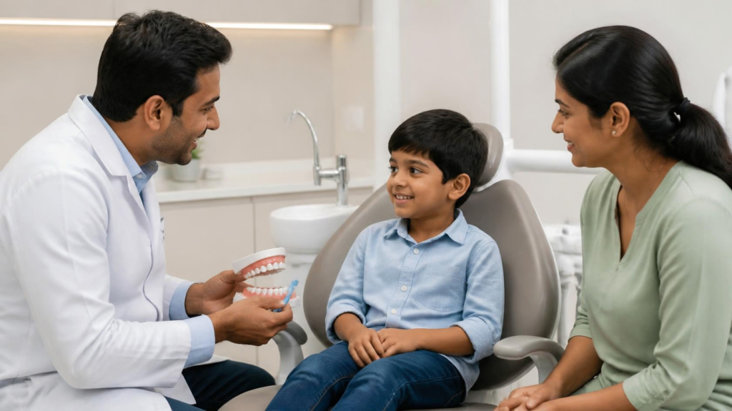 Dentist discussing a child's dental care with a parent