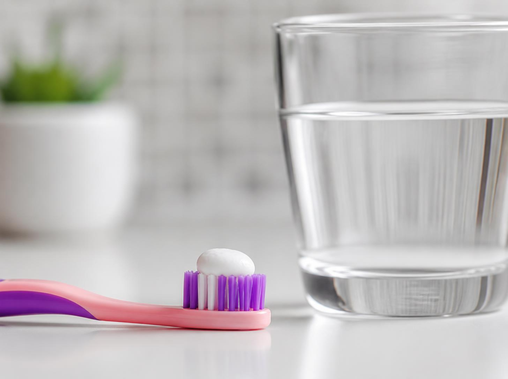 Child-sized toothbrush with fluoride toothpaste